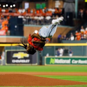 Simone Biles hits epic backflip with a twist before first pitch at the World Series | FOX MLB